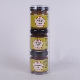 Koker met Mosterd Dillesaus, Vijgendip en Cranberrydip